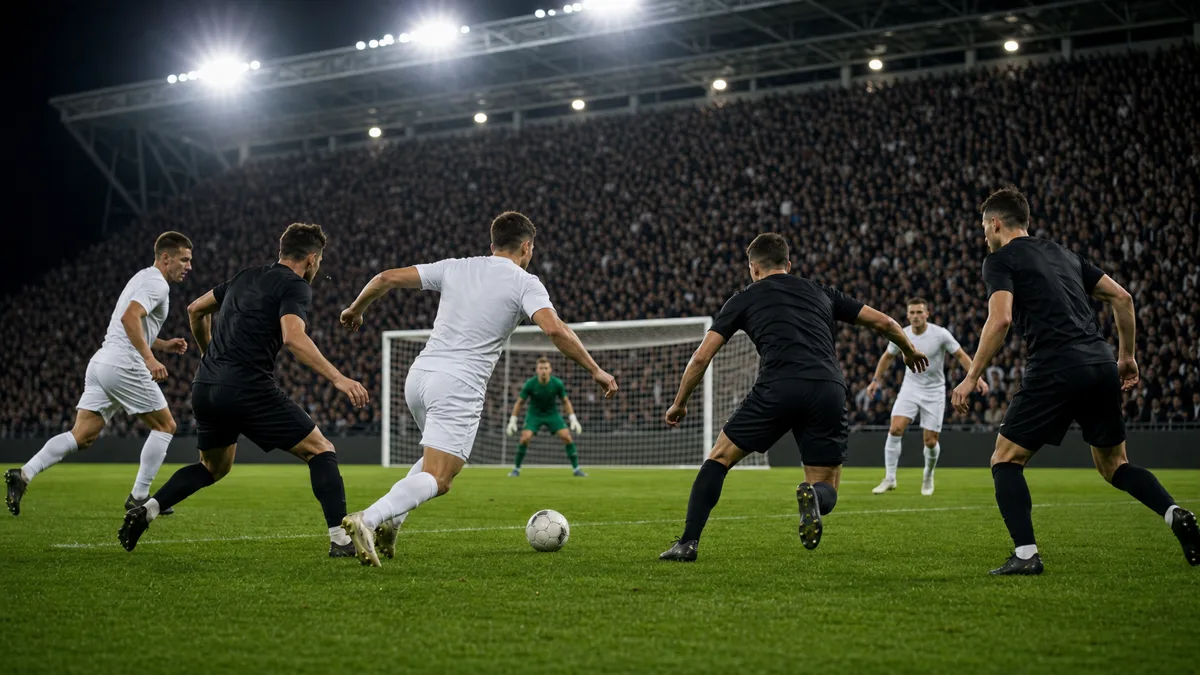 Fotballspillere som presser aggressivt høyt i banen foran en fullsatt ståtribune i en tysk toppkamp